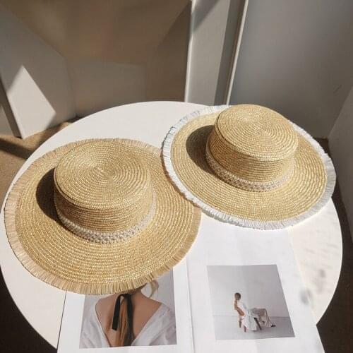 New Classical Fringed Pearl Chain Natural Straw Hat For Women Summer Wide Brim Jazz Hat Beach Sun Hat Bonnet Enfant Caps