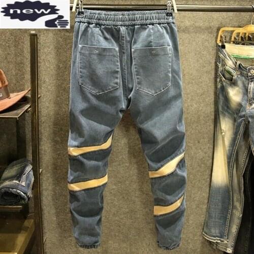 New Autumn Mens Jeans Vintage Washed Black Denim Casual Loose Elastic Lace-Up Waist Harem Pants Patchwork Fashion Trousers