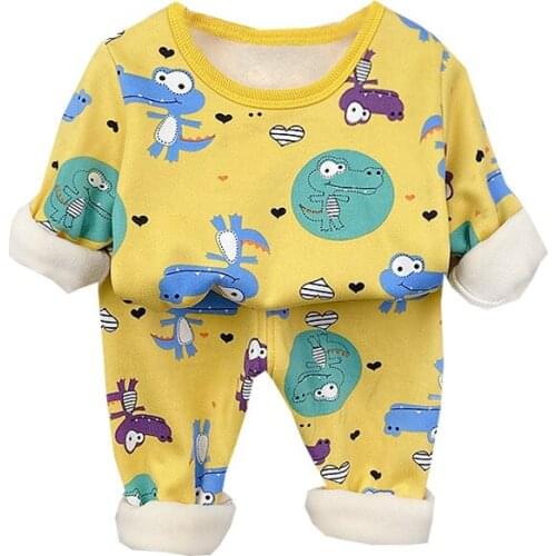 Autumn Winter Plus Velvet Childrens Clothing Sets for Girls 1-6y Cotton Thicken Cartoon Pattern Baby Boy Keep Warm Pajamas Suit