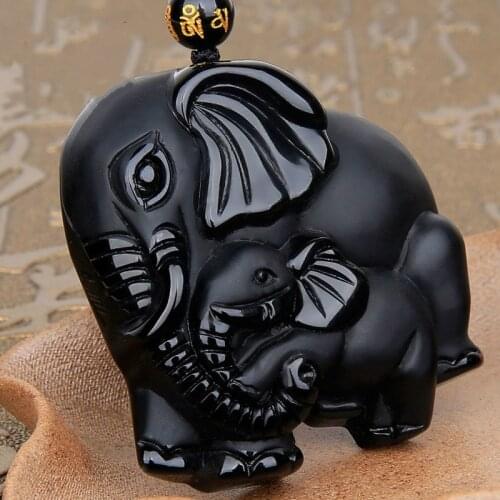 Natural Black Obsidian Beads Necklace Hand-Carved Elephant Jade Pendant Fashion Jewelry for Man Women Auspicious Amulet Gifts