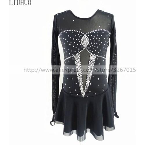 Figure Skating Dress Womens Girls' Ice Skating Dress Competition performance clothing Black round neck long sleeve