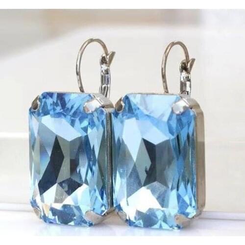 Luxury Female Light Blue Crystal Earrings Cute Silver Color Small Clip Earrings Dainty Square Zircon Wedding Earrings For Women