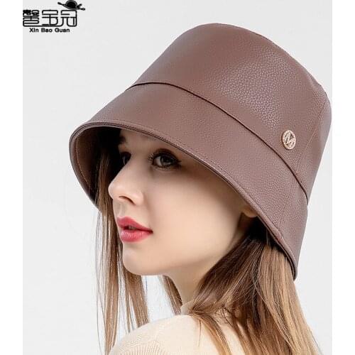 Fishermans cap PU leather versatile solid color bucket cap female autumn winter Japanese retro basin cap