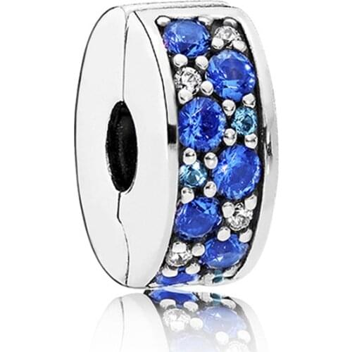 Shiny Blue Crystal Securing Clip Charms Fit Pandora Bracelet Positioning Buckle Bead Jewelry Detachable Safety Chain Bangle