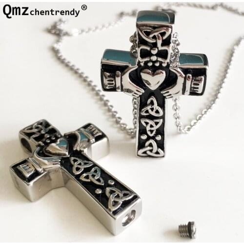 Stainless Steel Tibetan Vintage Cross Heart Pet Cremation Ashes Urns Necklace Memorial Keepsake Ashes Openable Funeral Jewelry