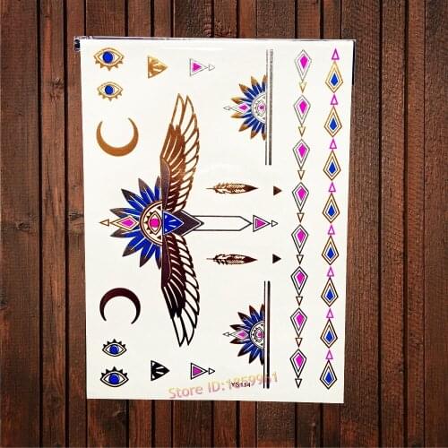 Flash Indian Gold Tattoo Wing Feather Diamond Chain Bracelet Design Women Body Art Temporary Fake Jewlery Tattoo Sticker AYS-114