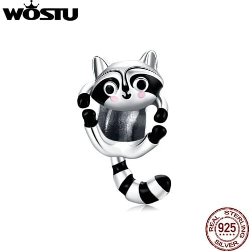 WOSTU Little Raccoon Cute Animal Pendant Charms 925 Sterling Silver Fit Original Silver Bracelets Fine Jewelry Making BNC403
