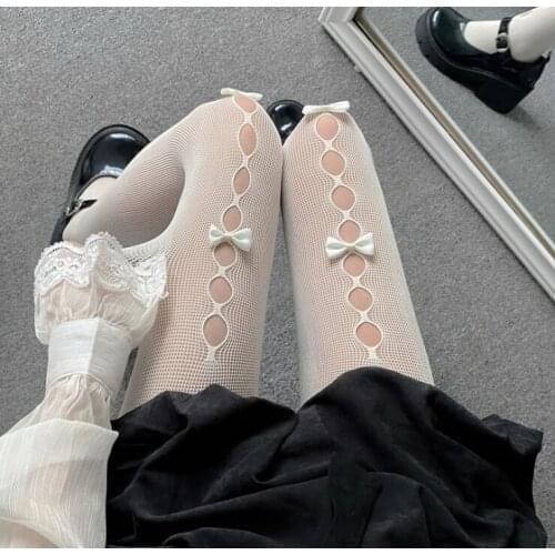 Japanese sweet Lolita pantyhose womens summer bow ventilation JK college black and white socks