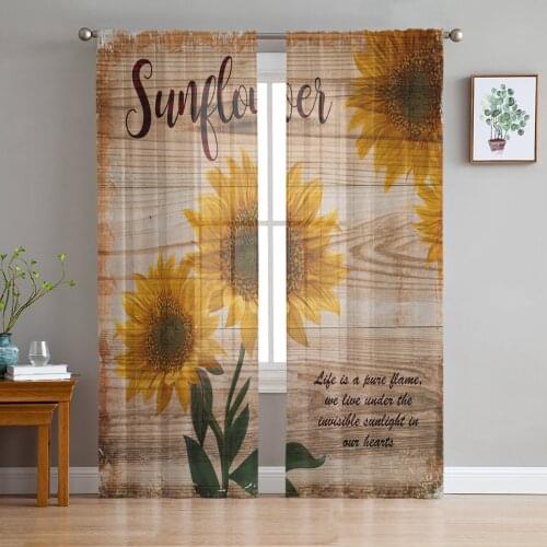 Farm Retro Sunflower Wood Grain Tulle Curtain Voile Transparent Tulle for Bedroom Living Room Kitchen Sheer Window Curtains