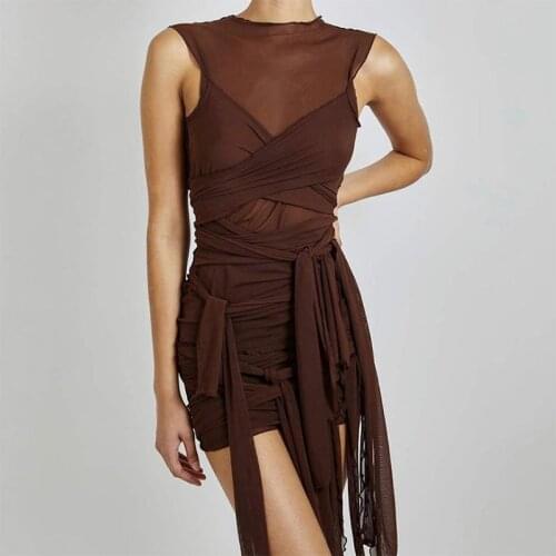 Skinny Brown Ribbon Knitted See-through Party Dress Ladies Sexy Club Wear Mini Dress Sleeveless Ladies Basic Suit Summer Style