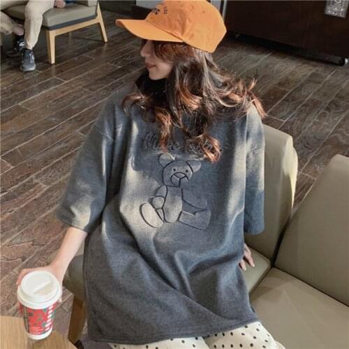Summer college style cartoon letter three-dimensional printing short-sleeved half-sleeved mid-length loose cotton t-shirt women