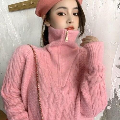 2021 Women Autumn Winter New Loose Sweater Tops Female Zipper Knitted Pullovers Ladies Solid Casual Turtleneck Jumpers Y607