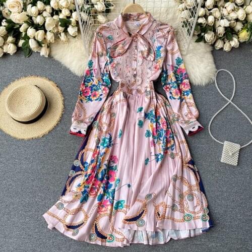 Spring Autumn Fashion Vestidos Women Casual Elegant Holiday Bohemian Beach Party Bow Print Pleated Long Sleeve Maxi Dress S-2XL