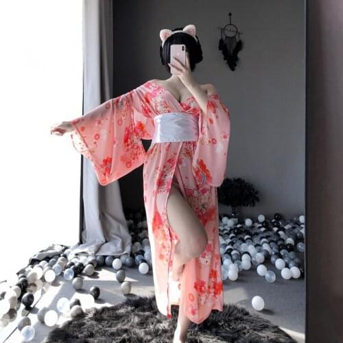 Anime Cosplay Kawaii Pink Kimono Long Robe Japanese Kimono Costume For Women Sexy Uniform Soft Silk Yukata Sleepwear