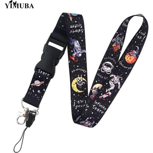 Cute Black Universe Astronaut Lanyard Keychain ID Card Pass Gym Mobile Phone Hang Rope Decoration Webbing Straps Key Ring Holder