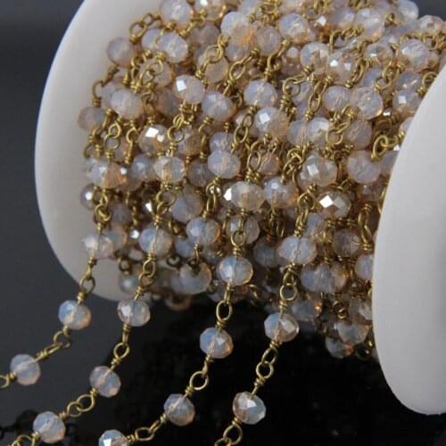 5Meter Titanium champagne Glass beads Rondelle Rosary Chains,Brass Wire Wrapped Chain bracelet Necklace Jewelry Making supplies
