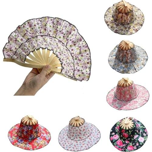 D0LF Foldable Hand Fan Sun Hat 2 in 1 Chinese Style Portable Floral Printed Handheld Fan Beach Cap Bamboo Hat