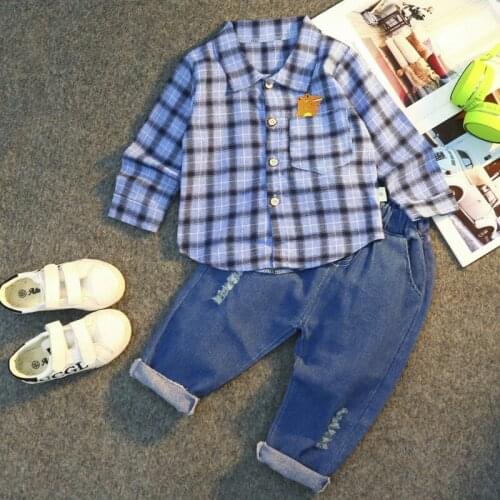 Spring Autumn Children Baby Boy Clothes Kid plaid Lapel Shirt jeans Pants 2Pcs/Sets Toddler Giraffe Casual Infant Tracksuits set