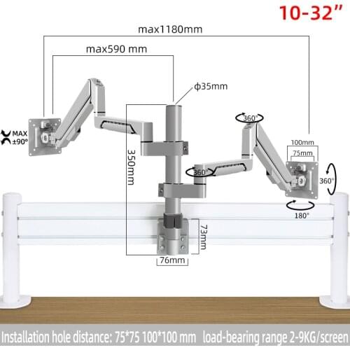 P11 Dual Monitor Holder Full Motion Dual Arm Monitor Support 10-32 inch Monitor Mount Bracket Stand Load 2-9 kgs each