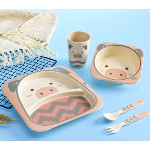 Baby Bowl Feeding Food Tableware Set Cartoon Design Kids Dishes Eating Dinnerware Training Plate 5 Piece Set