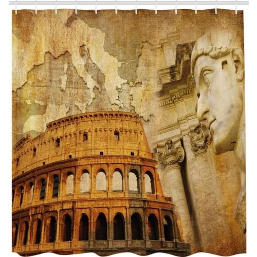 Roman Empire Concept Famous Columns Sculptress Colosseum Map of The Nation Print Fabric Bathroom Decor Set with Hooks