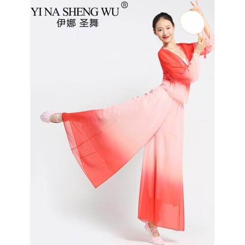 Chinese Style Classical Dance Costume Womens Classic Suit Loose Pants For Dance Chinese Long Sleeve Blouse Practice Clothes