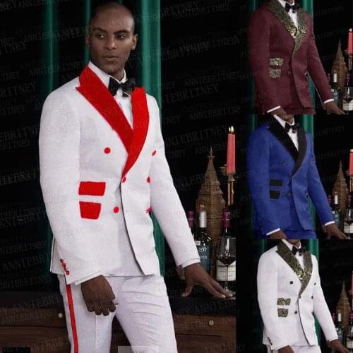 White Mens Wedding Suits 2 pieces Groom Best Man Prom Party Tuxedo Slim Fit Blazer Red Collar Double Breasted Jacket Pants Set