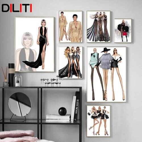 Fashion Girl Dress Canvas Painting Nordic Beauty Salon Posters and Prints for Living Room Wall Art Decoration Picture Home Decor