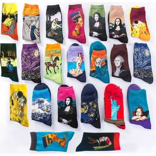 Pure Cotton Fashion Men Unisex Vintage Retro Novelty Funny Monlisa Famous Painting Art Socks Autumn Winter Socks 5pair/lot
