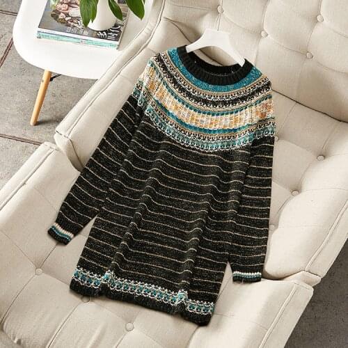 New Autumn European 2021 and American womens wear Long-sleeved round collar Fashion gold stripe Knitted dress