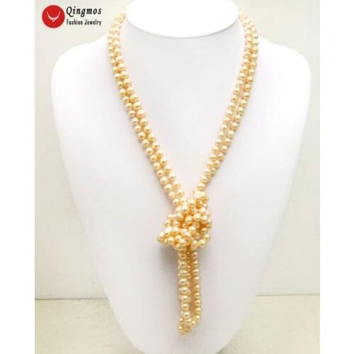 Qingmos Trendy 80" Natural Pearl Necklace for Women with 7-8mm Pink Round Freshwater Pearl Long Necklace-nec1639 Free Shipping