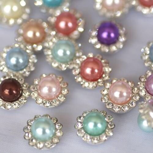 Mix color round flower shape sew on rhinestone beads with silver base flatback colorful pearl beads DIY dress clothing hats
