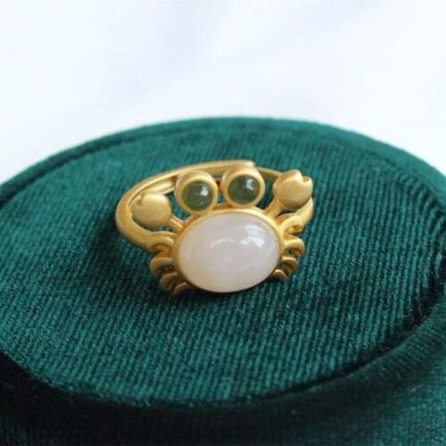 S925 Sterling Silver White Jade Crab Ring Natural Hetian Jade Green Jade Little Crab Ring Cute Style Ornament Accessories Female