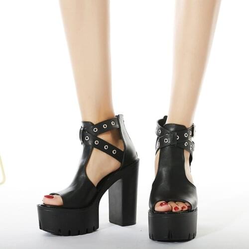 Size 34-41 Women Sandals Summer Platforms Shoes Punk Style with Metal Decor Female Sexy High Heels Black Leather Gladiator Shoes