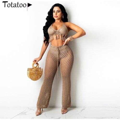Totatoop Women Knitted Crochet Holes Sexy 2 Piece Set Women Halter Tassel Crop Top And Wide Leg Pants Outfit Beach Boho Outfits