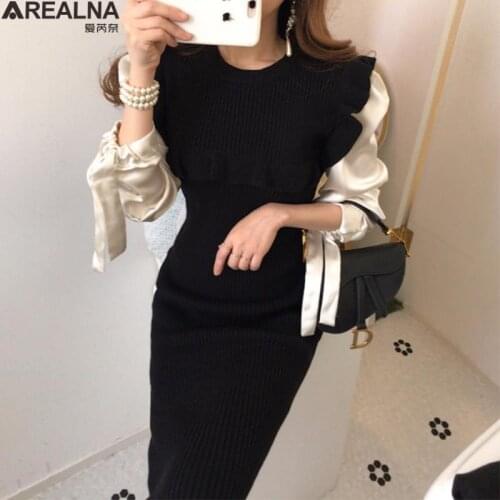 Vintage knitted stitching Wooden Ear Black Dress puff Sleeve Party Robe High Waist Slim Vestidos Korean Elegant Dresses Women