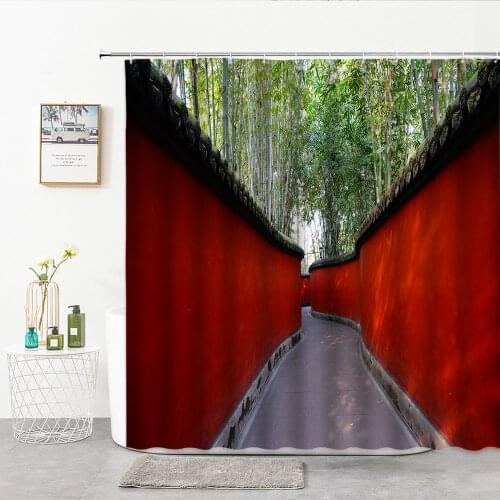 Shower Curtain 3D Bamboo Forest And Road Inside The Red Fence Plant Forest Spring Summer Landscape Home Decor Bathroom Curtains