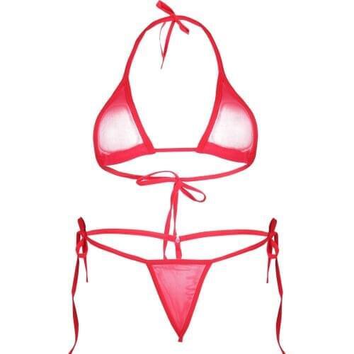 Womens Mesh See Through Bikini Swimsuit Sexy Bikini Lingerie Set Halter Bikini Top with Tie Side G-string Thong Briefs Underwear