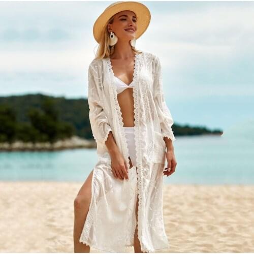2021 New Chiffon Embroidery Cardigan Sexy Bikini Cover Up Beach Cover Up Long Dress Seaside Vacation Loose Sunscreen Shirt Lady