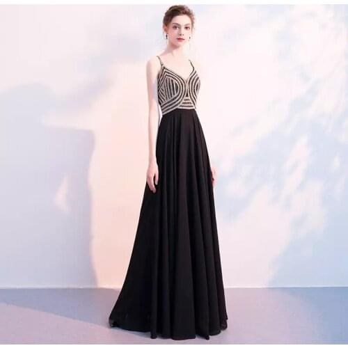 2020 Sexy V Neck Sleeveless A Line Black Chiffon Prom Dresses Backless With Beadings vestido de noche LE40743