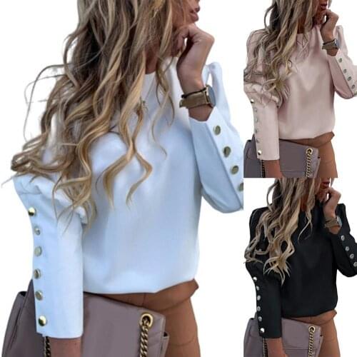 Fashion Office Lady Metal Button Back Long Sleeve Puff Shoulder Blouse Shirt Top Summer Elegant Chiffon Blouses Tops Plus Size