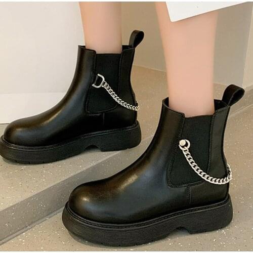Women Ankle Boots Metal Chain Fashion PU Platform Slip On Ladies Short Boots Autumn Winter Non Slip Female Footwear Comfort 2021