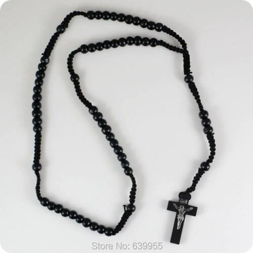 Wood Rosary Beads INRI JESUS Cross Pendant Necklace Catholic Fashion Religious jewelry