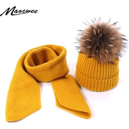 Children Winter Real Fur Pompon Hat Scarf Set for Boys Girls Knitted Cotton Hat Scarf 2 Pieces Baby Accessories Kids Gift Set