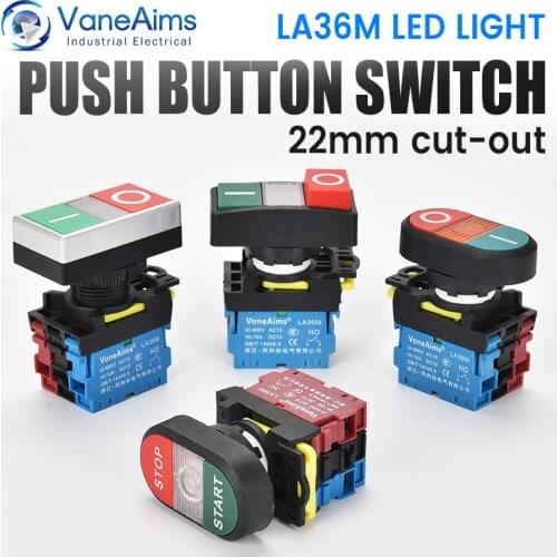 Double Push 22mm Double button Two-position reset button switch with LED Egg push 12V24V220V AC ON/OFF START STOP 1 NO 1NC LA36M