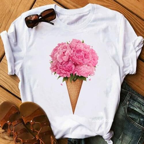 Sunflower/Daisy/Cactus Ice Cream Print Tshirt WomenS Clothing Funny T-Shirt Female Summer Fashion T Shirt Femme Harajuku Shirt