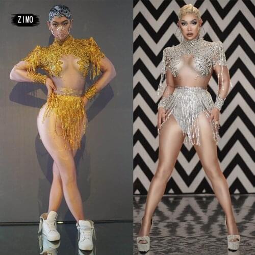 Sparkly Rhinestone Sequin Tassel gold Bodysuit Long Sleeve Fringe Dance Costumes Sexy Nightclub Bar DJ Singer Stage Wear romper