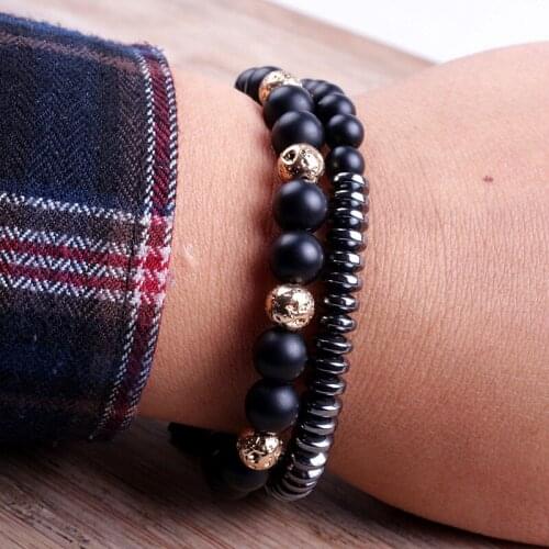 2pcs/set Fashion Stone Bead Hematite Bracelet Men Charm bracelets & bangles Handmade Men Wristband Jewelry