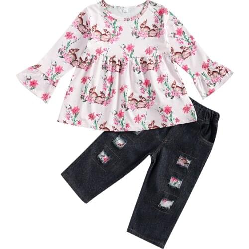 Easter Rabbit Print Clothes Set Girls Long Ruffle Sleeve O-neck Tops + Ripped Denim Trousers with Pockets Kids Summer Clothing