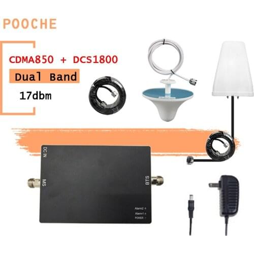 POOCHE 17dBm CDMA850 DCS1800 Dual Band Cell Phone Signal Booster 850 1800 2G 3G Repeater Cover 200-300 square meters Amplifier